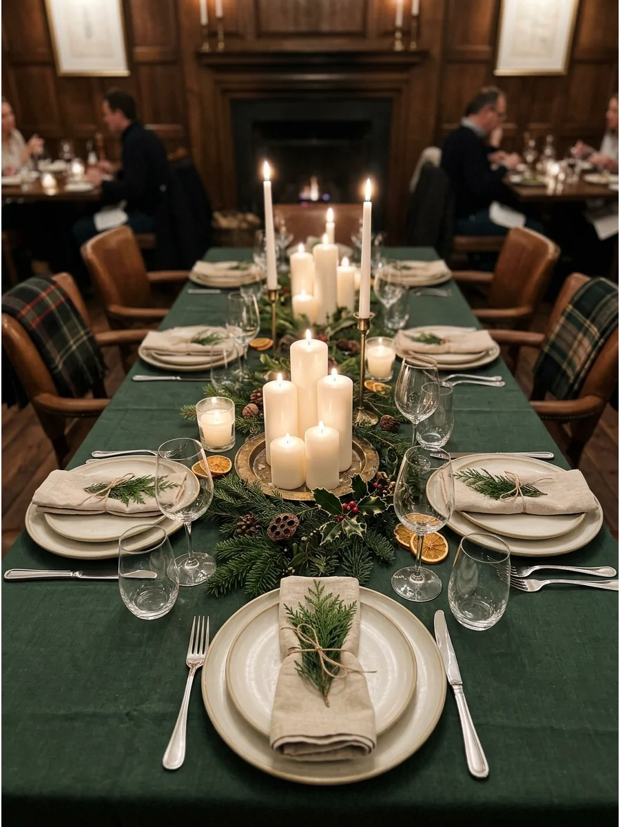 Multiple white candles providing a warm glow on a dinner table.