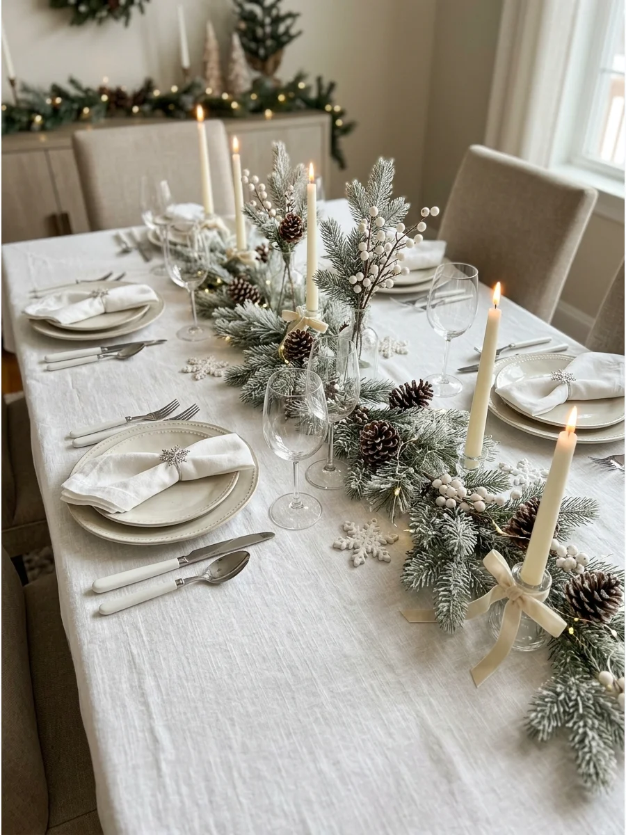 A monochromatic white Christmas table setting with frosted greenery and white candles.