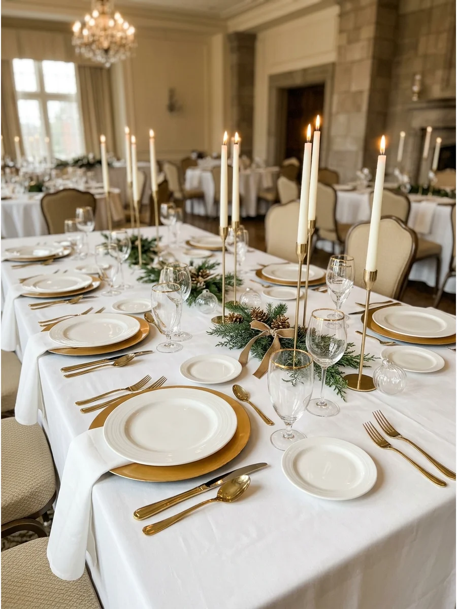 Elegant white and gold Christmas table setting with metallic accents.