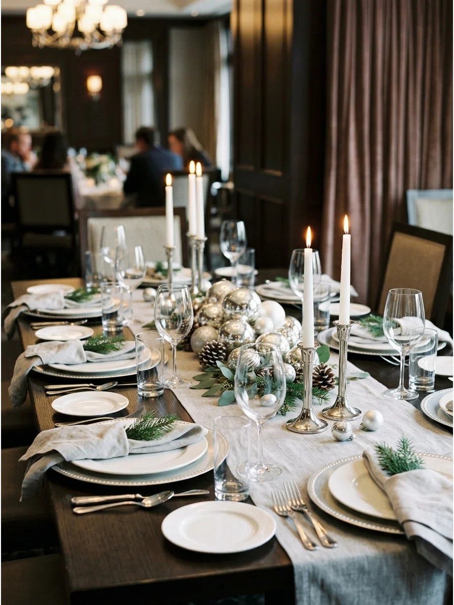 Cool silver and gray Christmas table decor with metallic ornaments.