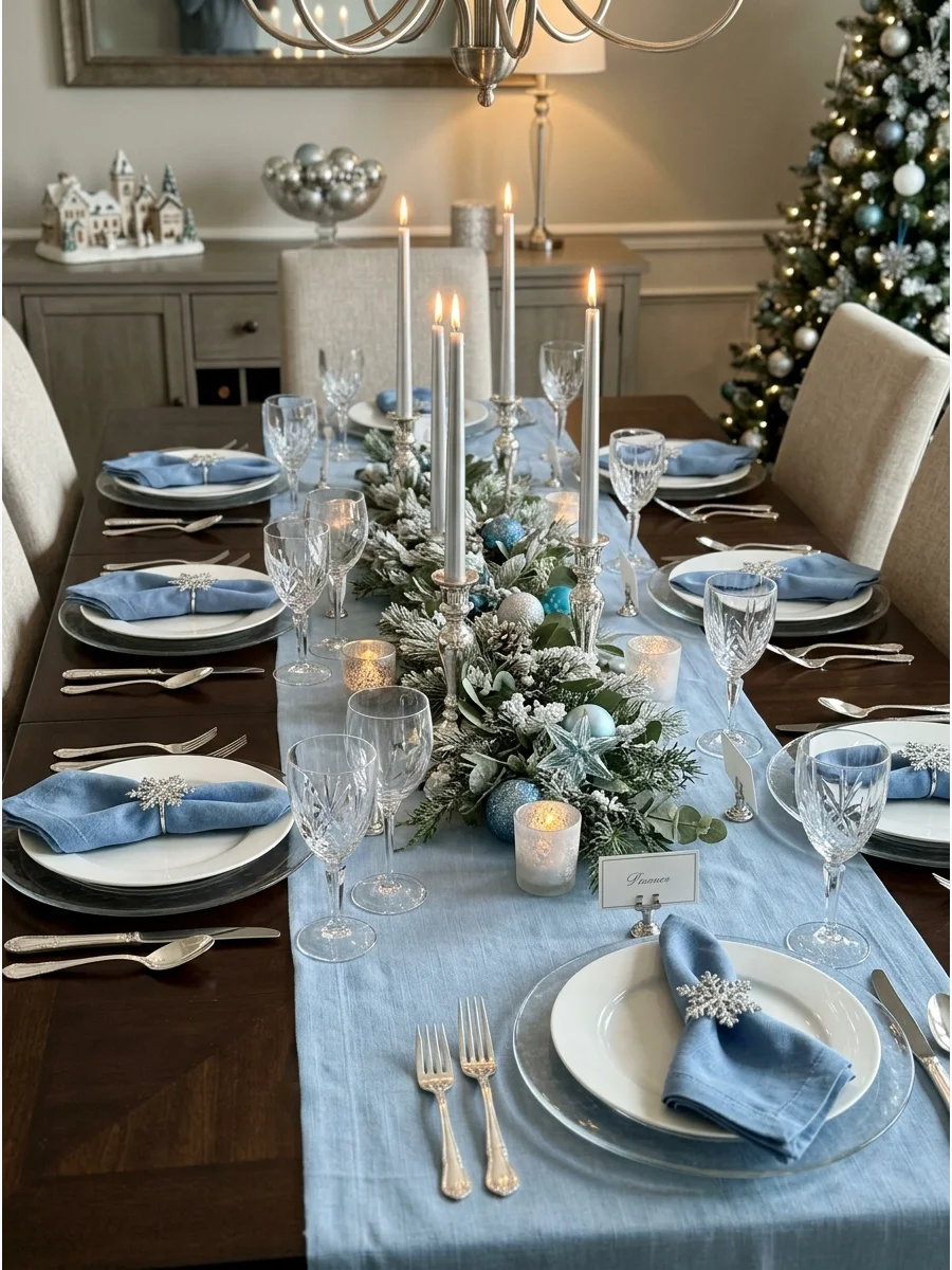 Icy blue and silver Christmas table setting with snowflake details.