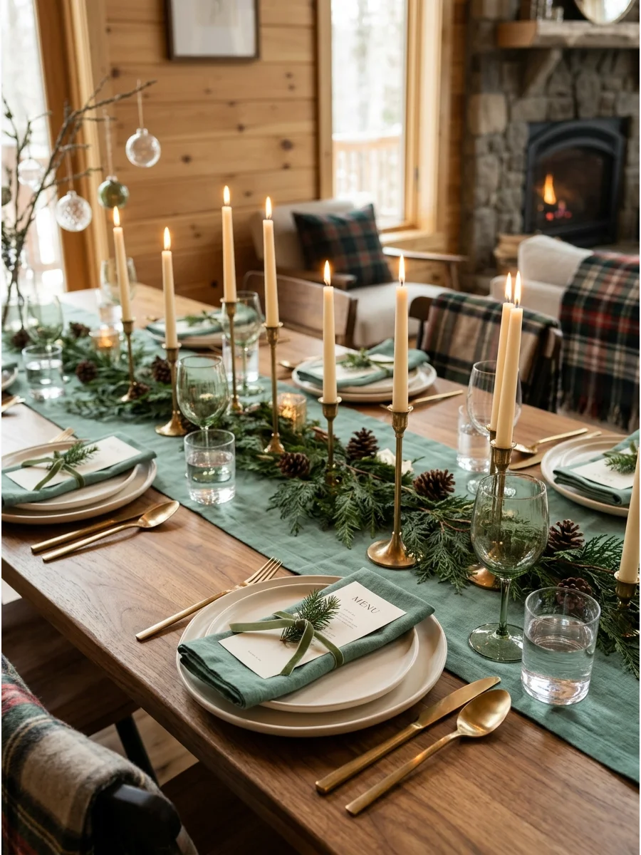 Modern jade green Christmas table setting with wood and brass accents.