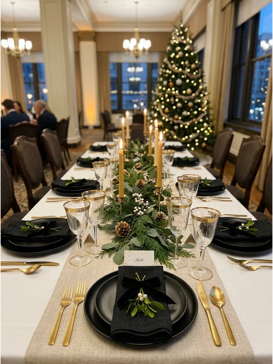 Sleek black and gold Christmas table setting with bold contrast.