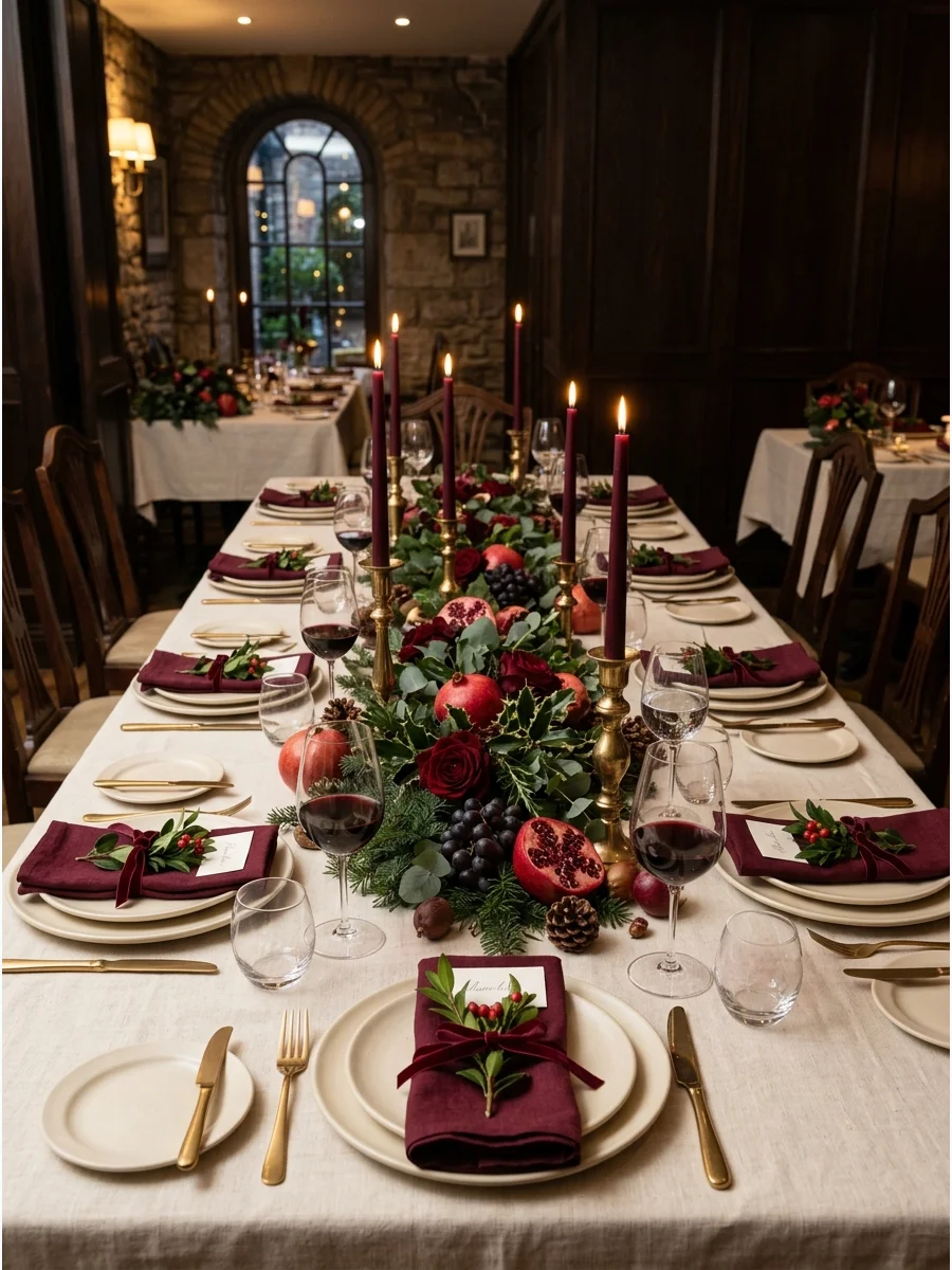 Rich burgundy and brass Christmas table setting with dark greenery.