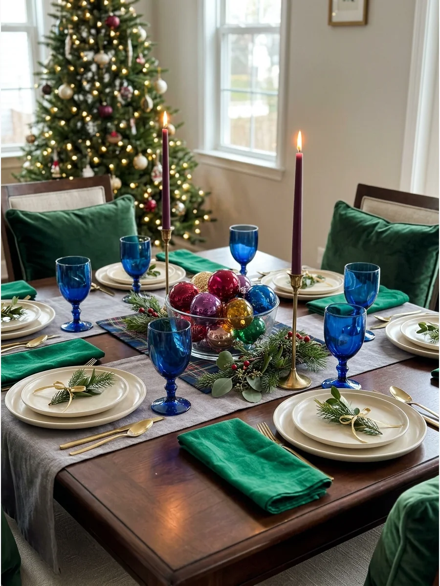 Vibrant jewel-toned Christmas table with colorful glassware and candles.