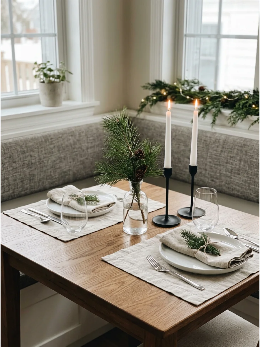 Minimalist Christmas table setting with white dishes and a single pine branch.