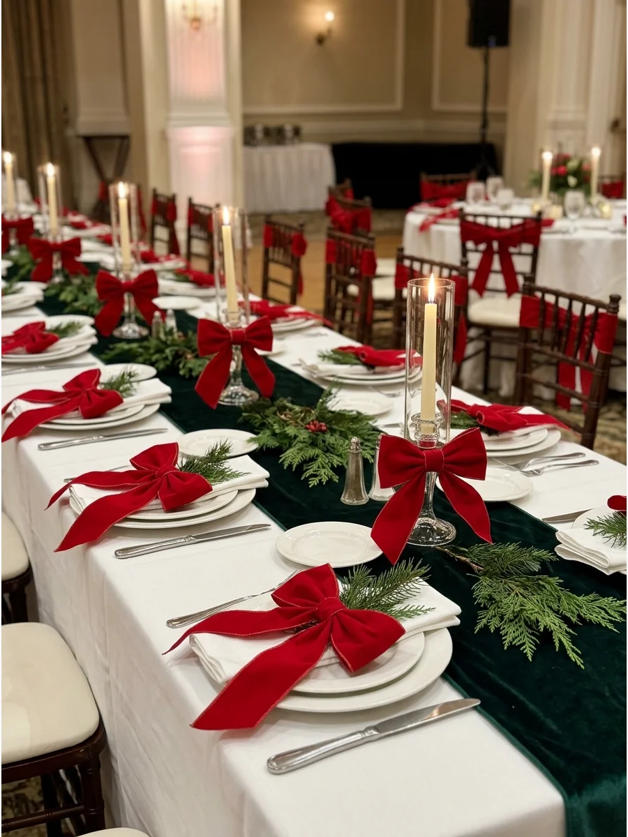 of a red velvet bow on a white dinner plate.