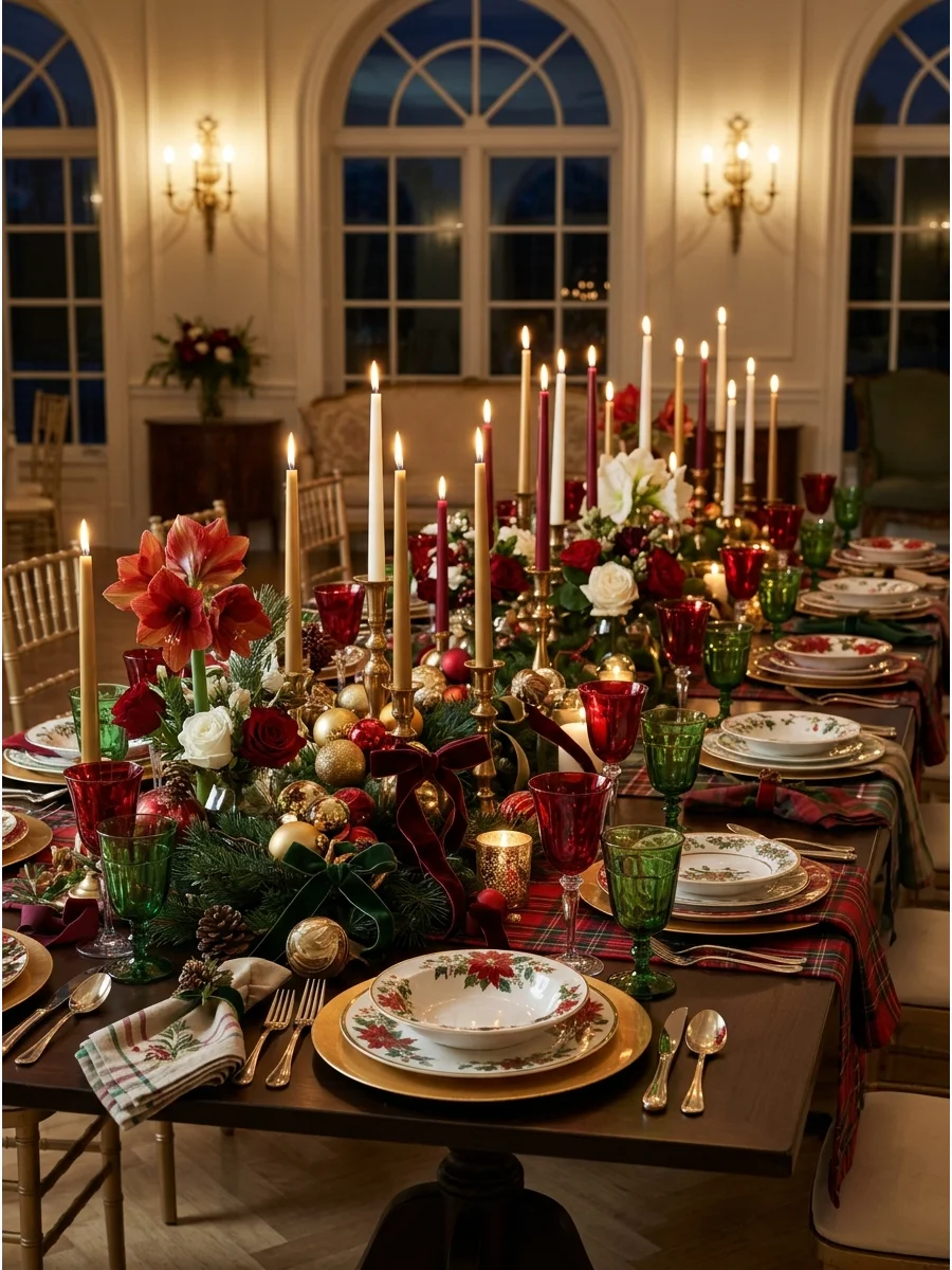 Abundant maximalist Christmas table setting with layered decor and ribbons.
