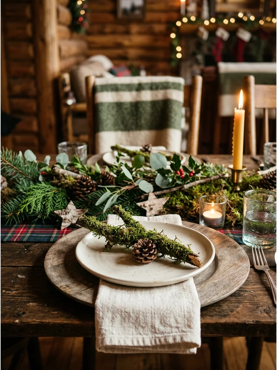 A rustic woodland table setting with wooden chargers and moss.