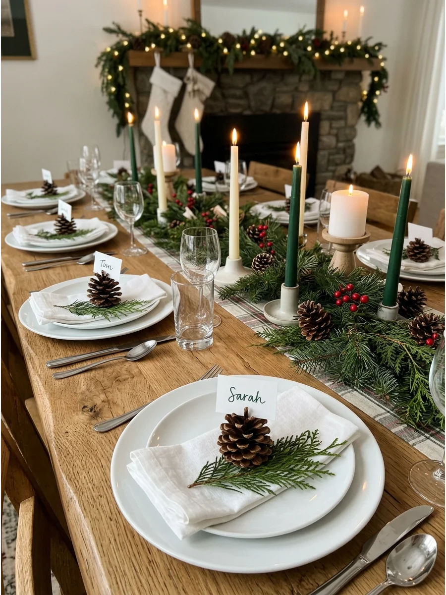 Pinecones used as place card holders on a Christmas table.