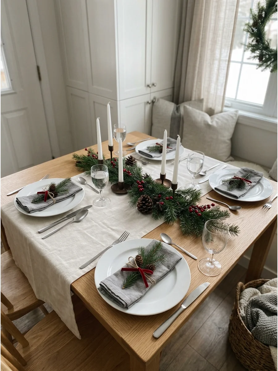 A minimalist Scandinavian Christmas table with white plates and wood.