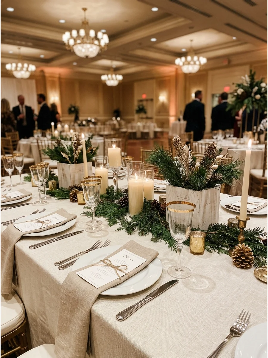 A neutral Christmas table setting with cream and beige linens.