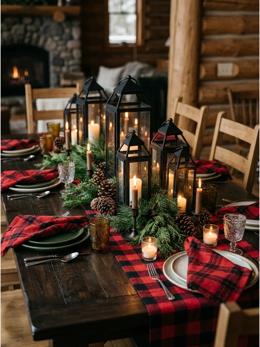 A cozy cabin table setting with plaid and lanterns.