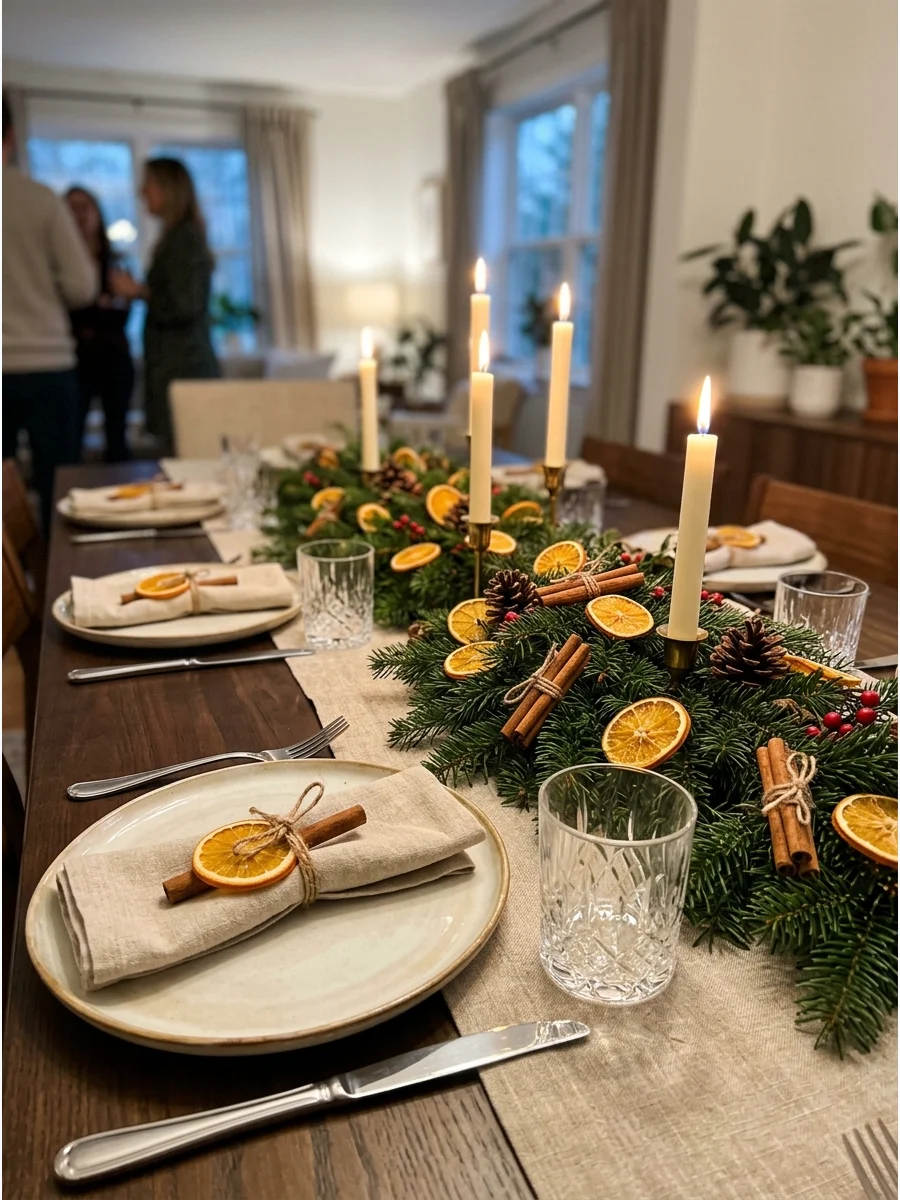 Dried orange slices and cinnamon sticks on a Christmas napkin.