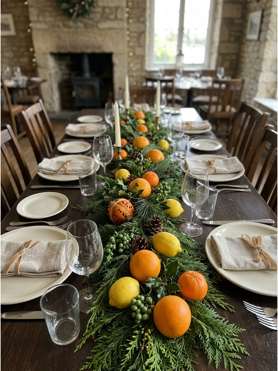 A Christmas centerpiece made of fresh cedar and citrus fruit.