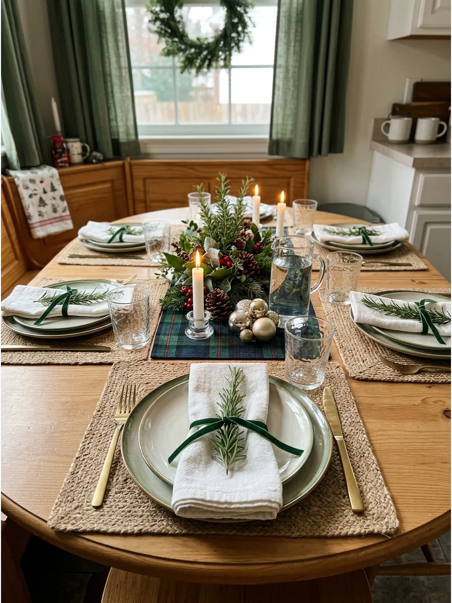 A white napkin decorated with a fresh rosemary sprig.