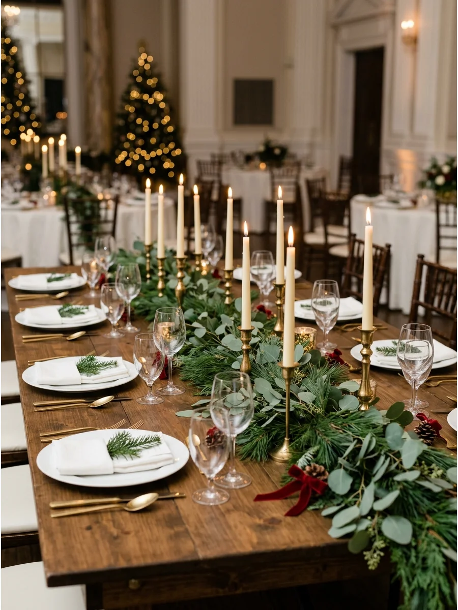 A long wooden table with an evergreen runner and brass candles.
