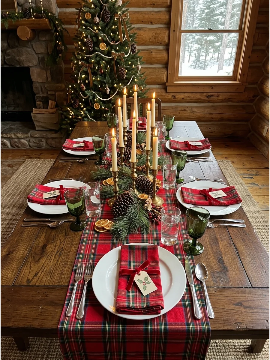 A rustic table setup with a plaid runner and brass accents.