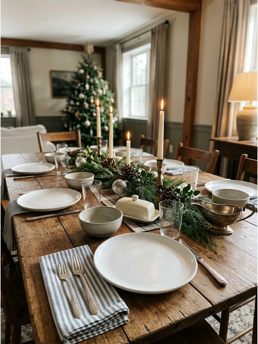 A farmhouse Christmas table with stoneware and ticking stripe napkins.