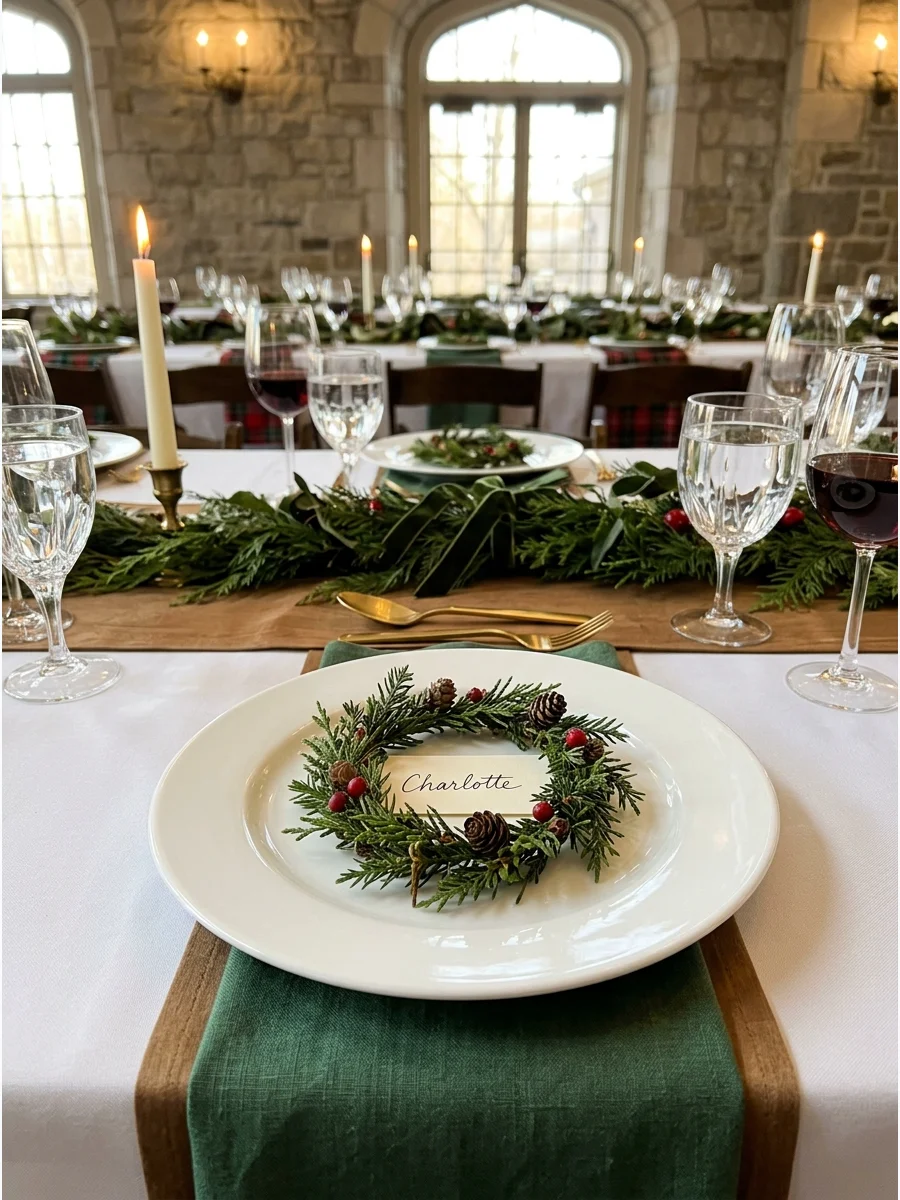 A small green wreath with a name card on a white plate.