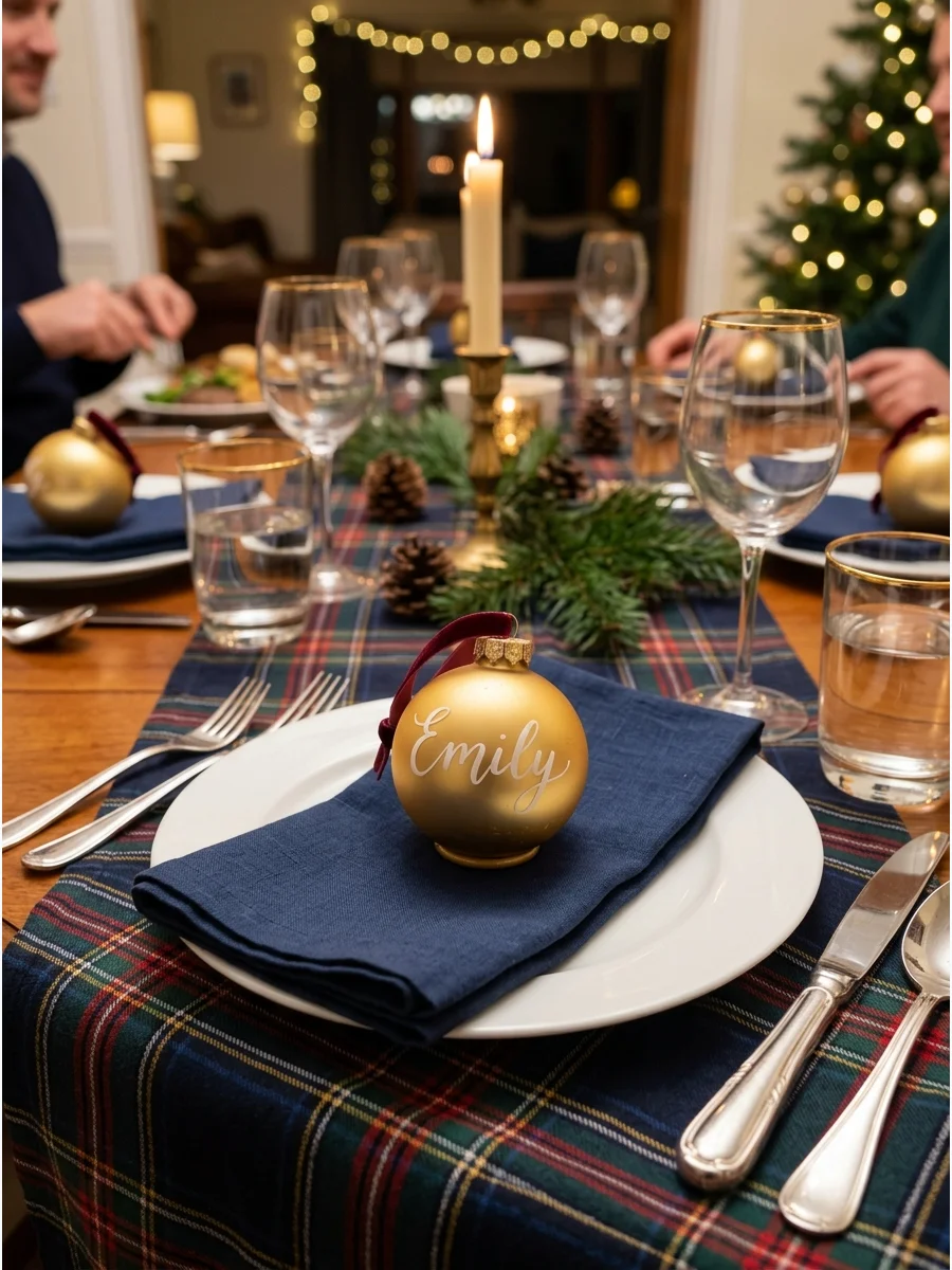 A gold Christmas ornament used as a place card on a blue napkin.