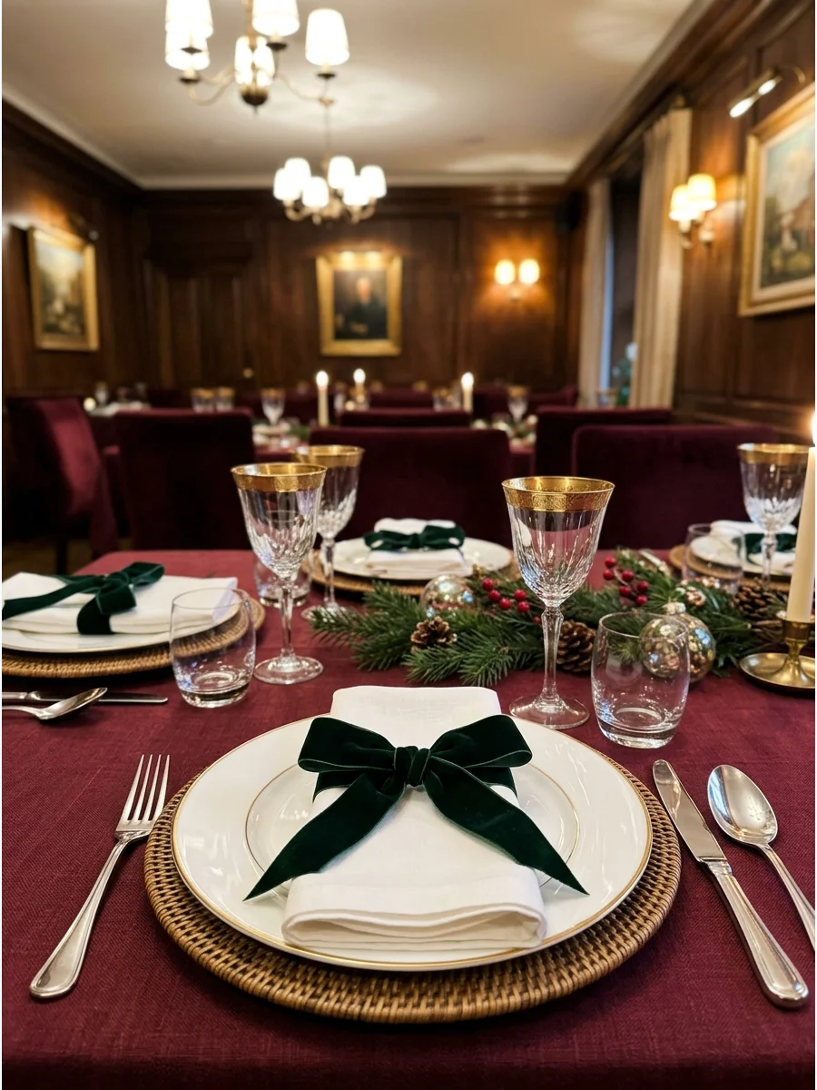 A white napkin tied with a green velvet bow.