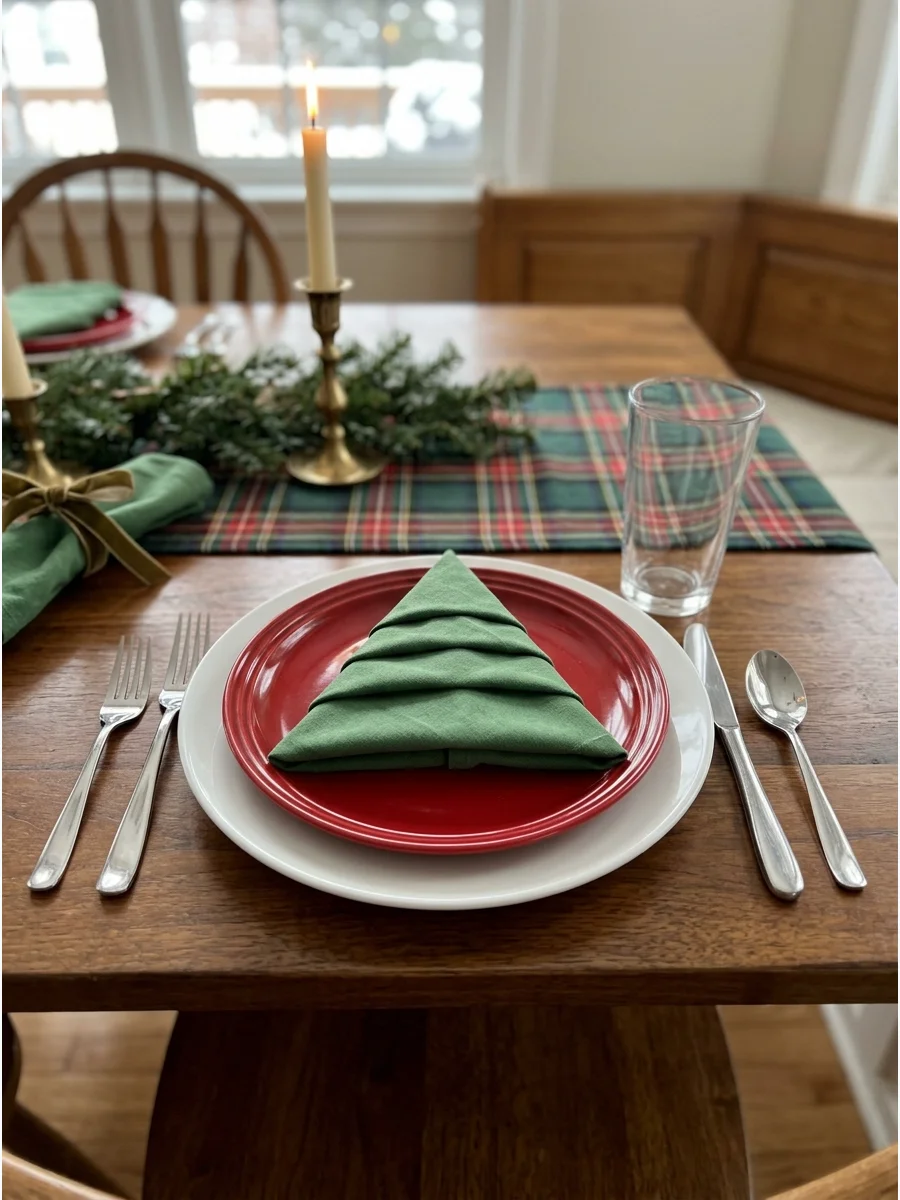 A green napkin folded like a Christmas tree on a red plate.