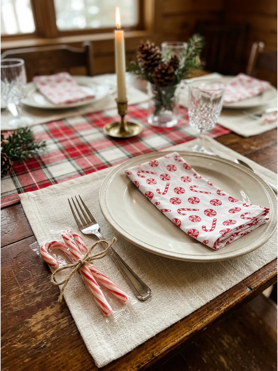 Two candy canes tied together to hold a name card.