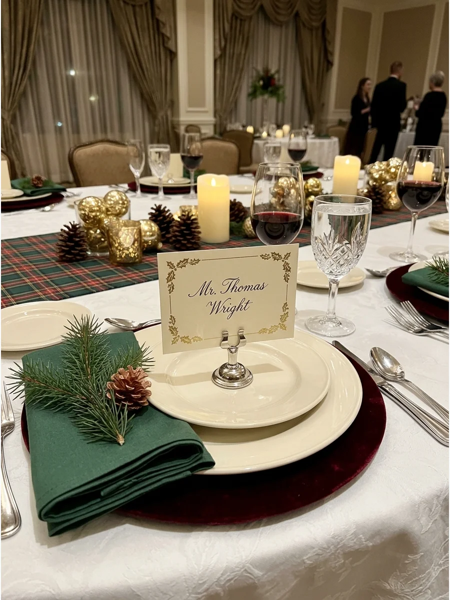 A formal Christmas name card in a silver holder.