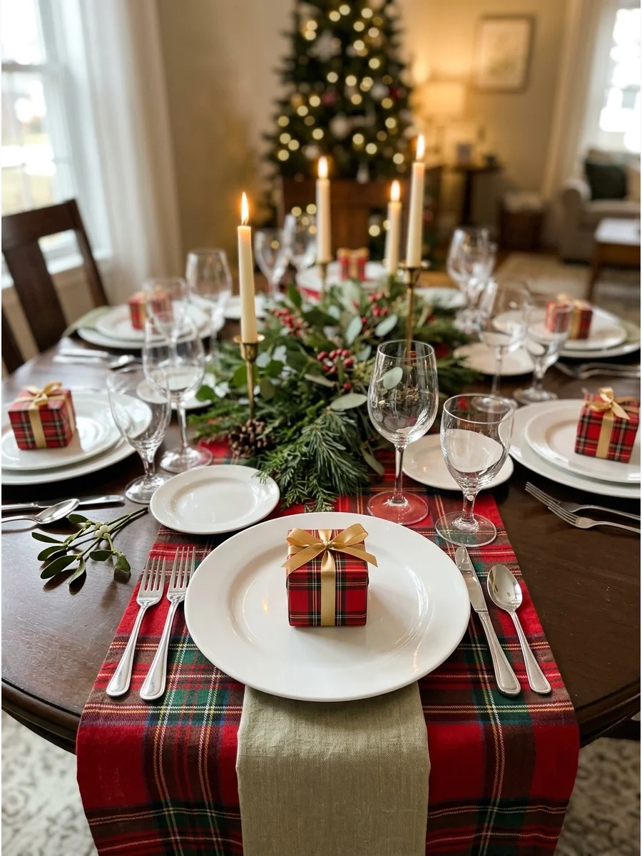 A small wrapped gift box sitting on a dinner plate.