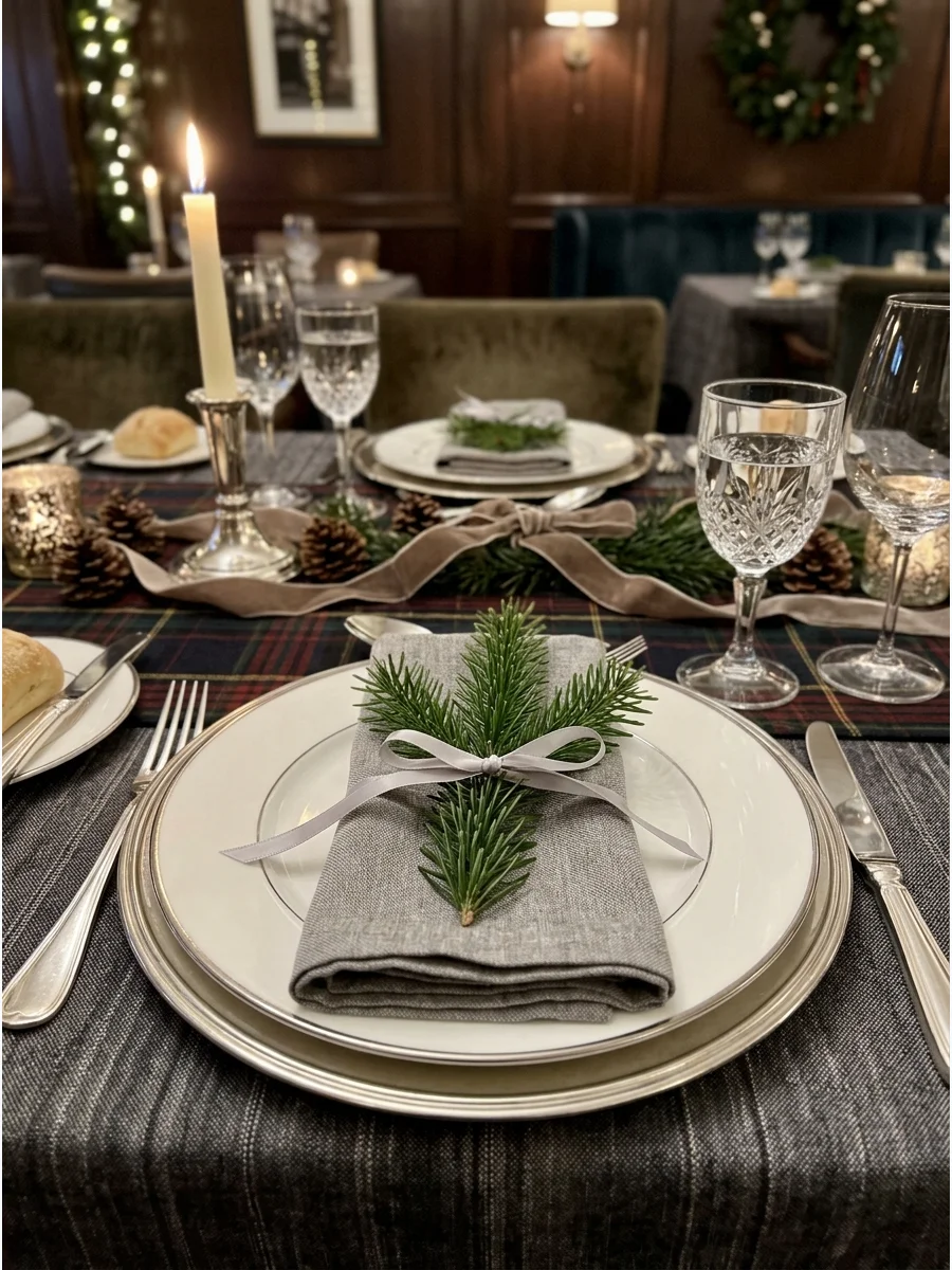 A fresh pine sprig tied to a napkin with silver ribbon.