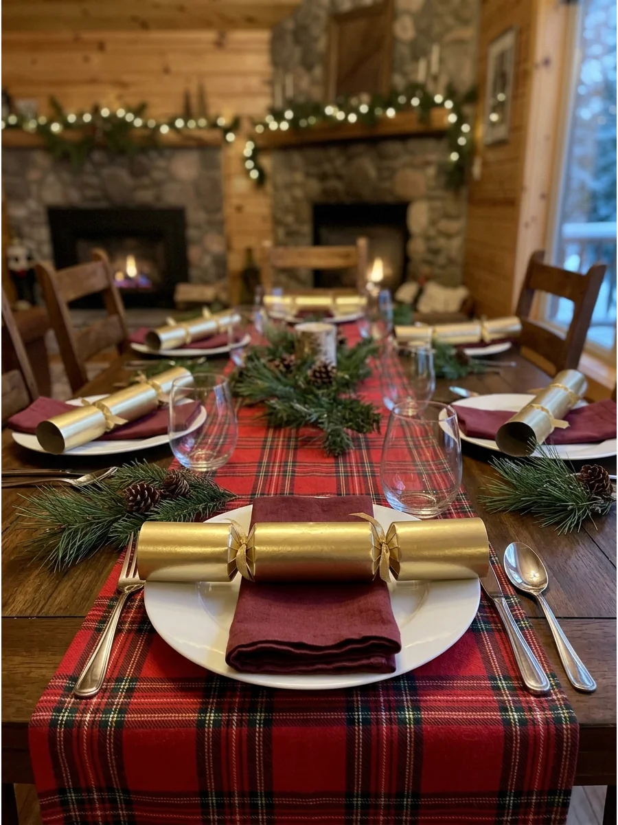 A gold Christmas cracker lying across a dinner plate.