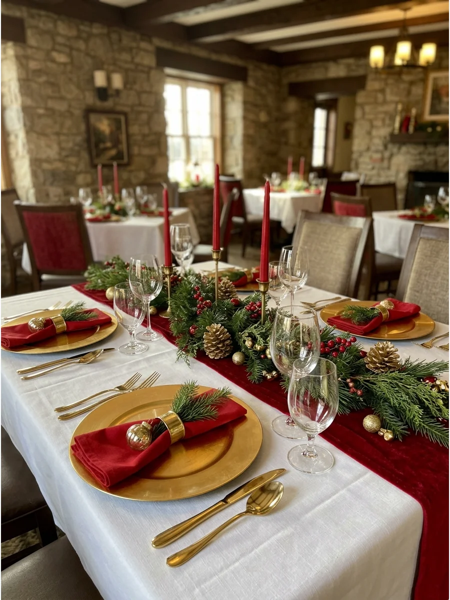 Elegant table setting with gold plates and red linens.