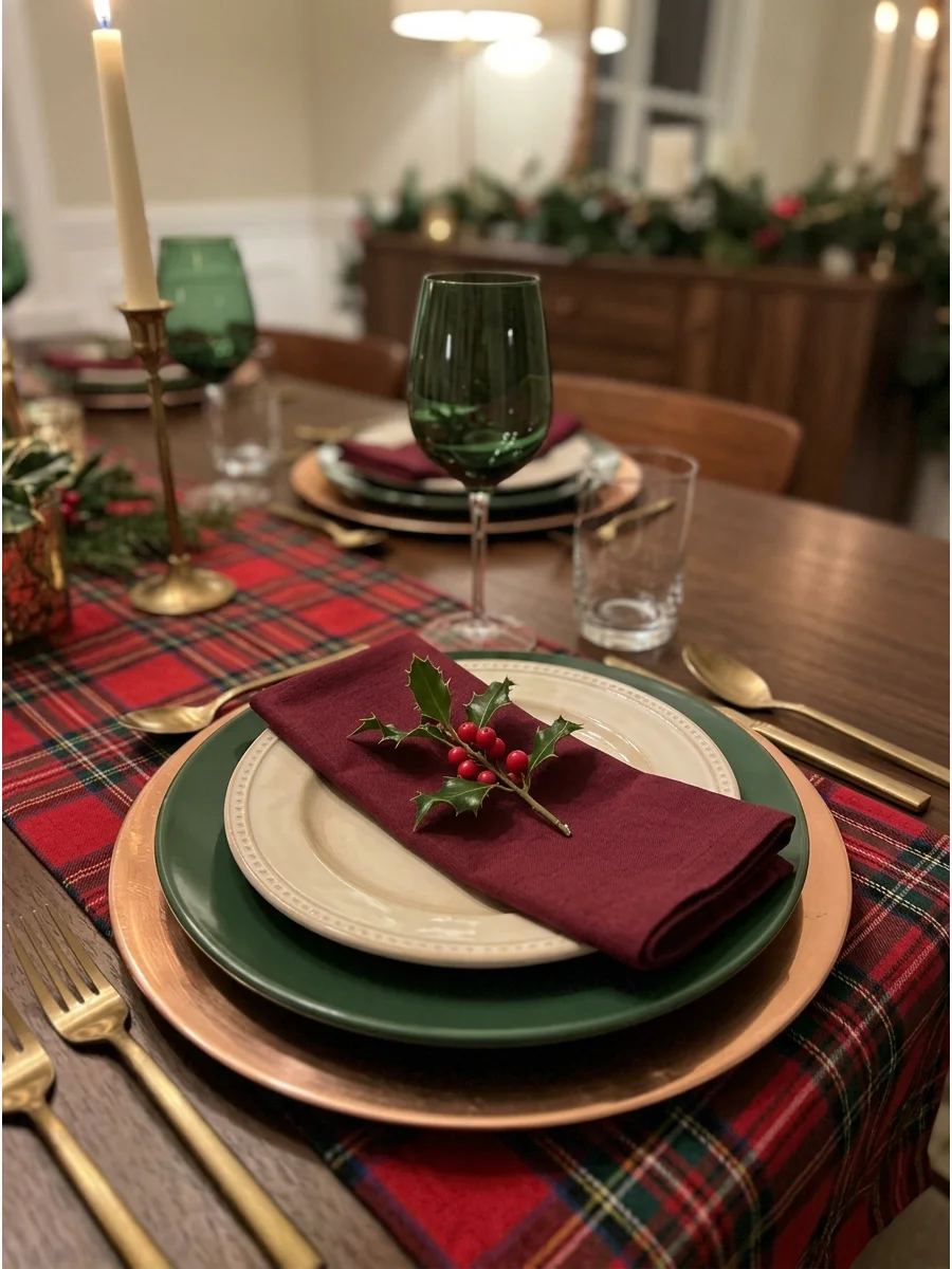 A layered place setting with gold, white, and red plates.