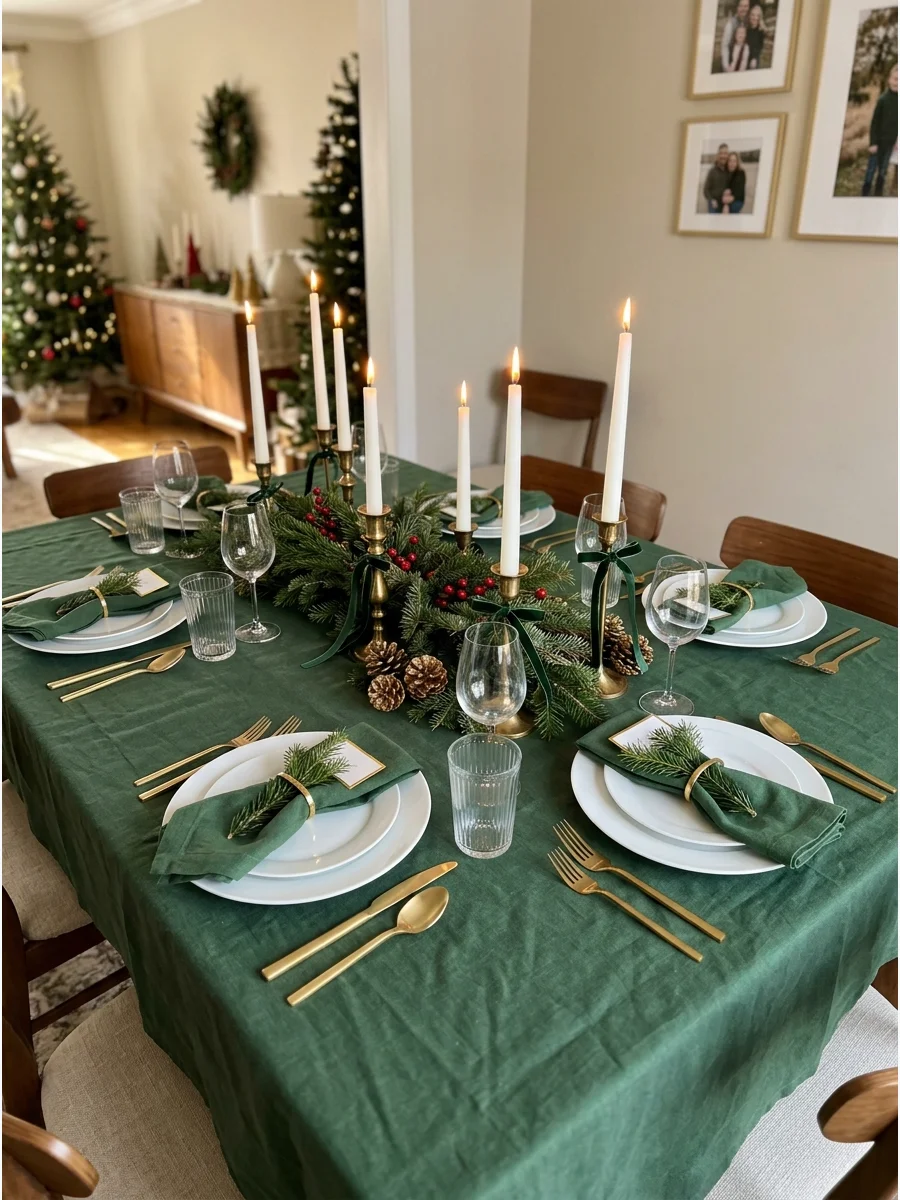 A green tablecloth with gold candle holders and white tapers.