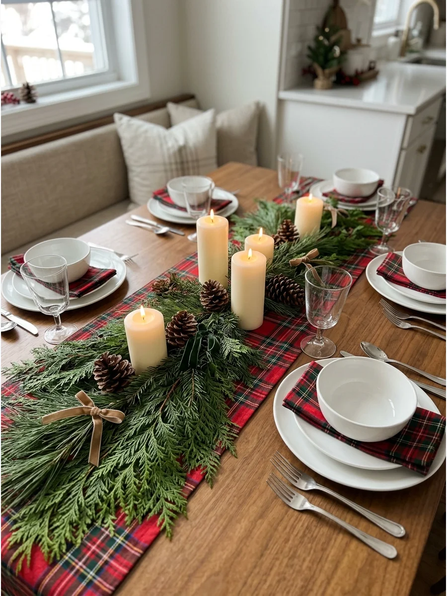 A breakfast nook table with plaid fabric and green branches.