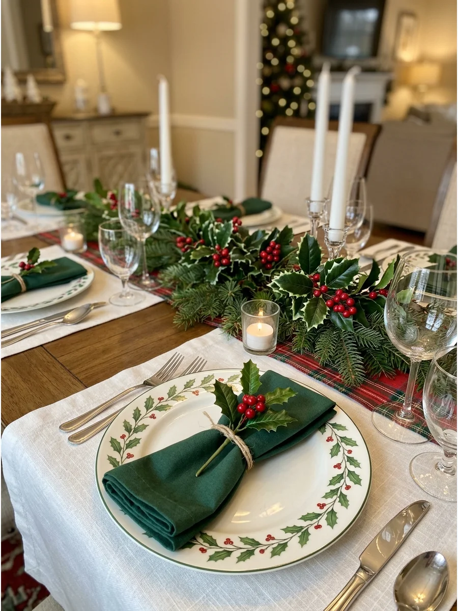Place setting with a holly leaf and red berry accent.