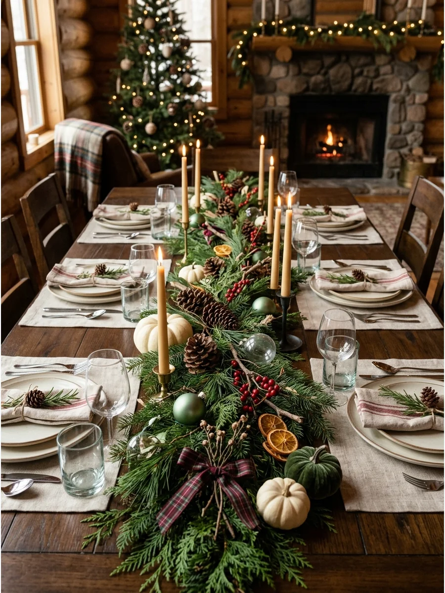 A thick pine garland used as a table runner.
