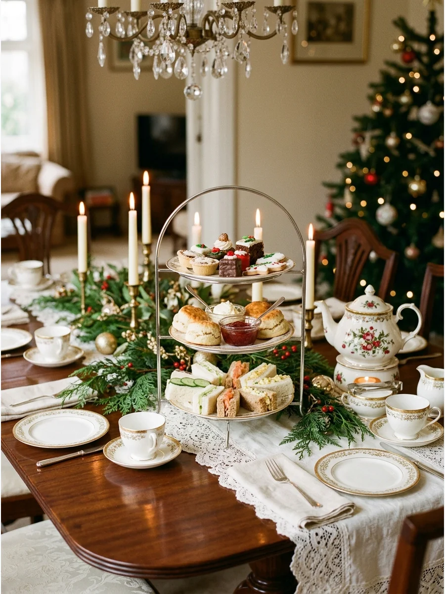 A formal dining room table set for a traditional English Christmas tea service.