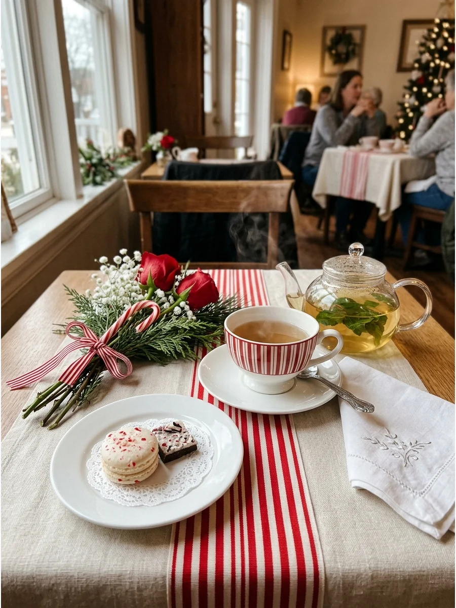 A candy cane themed tea party with red and white striped decorations.