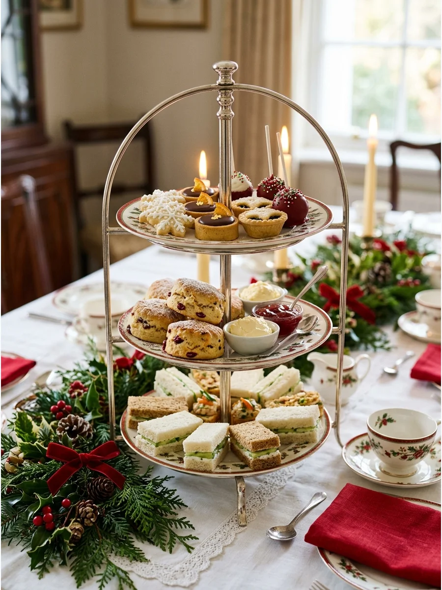 A silver tiered serving stand on a white tablecloth holding finger sandwiches and Christmas cookies.
