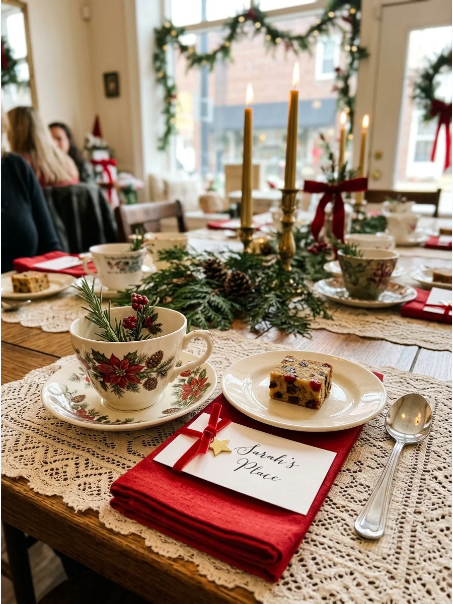 A vintage floral teacup on a saucer with a fresh rosemary sprig inside, placed on a lace mat.