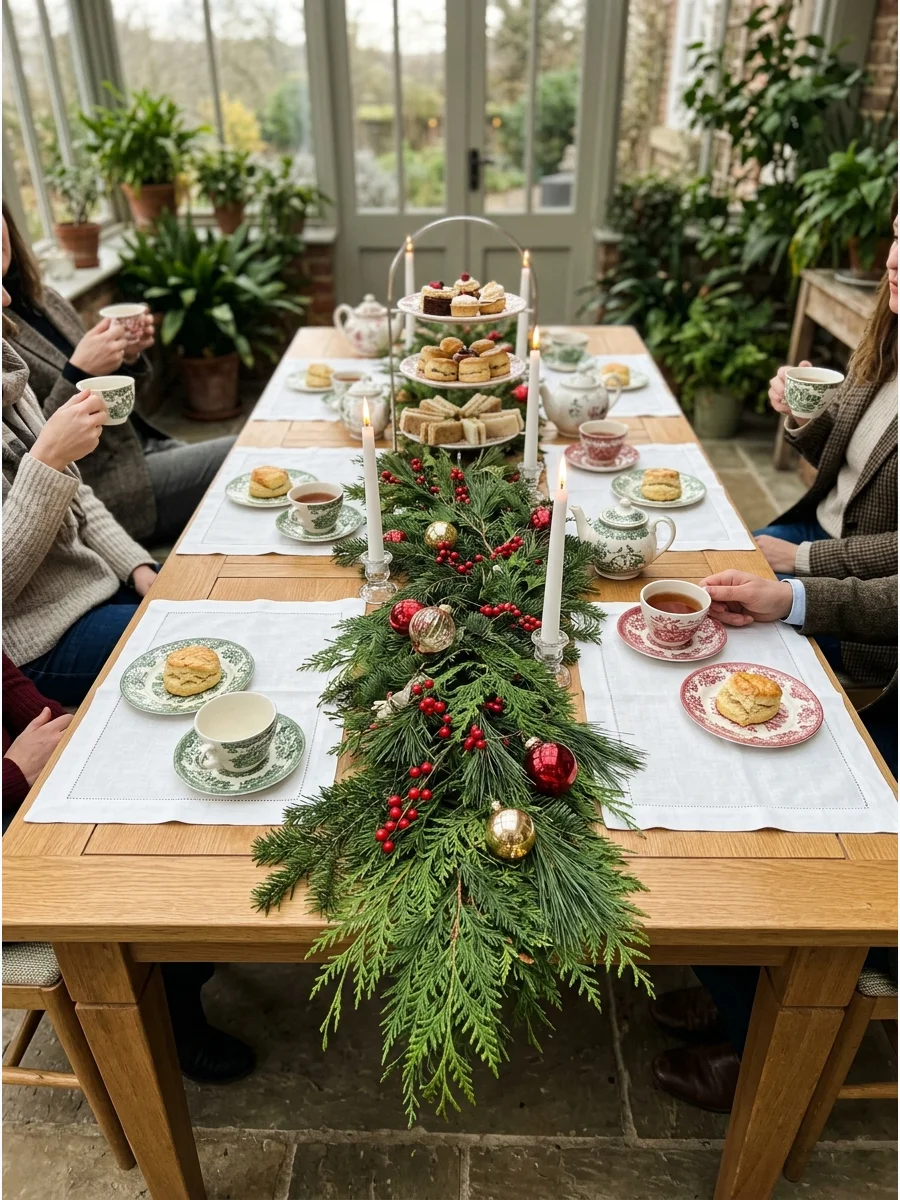 A table runner made of fresh cedar branches and red berries on a wooden dining table.