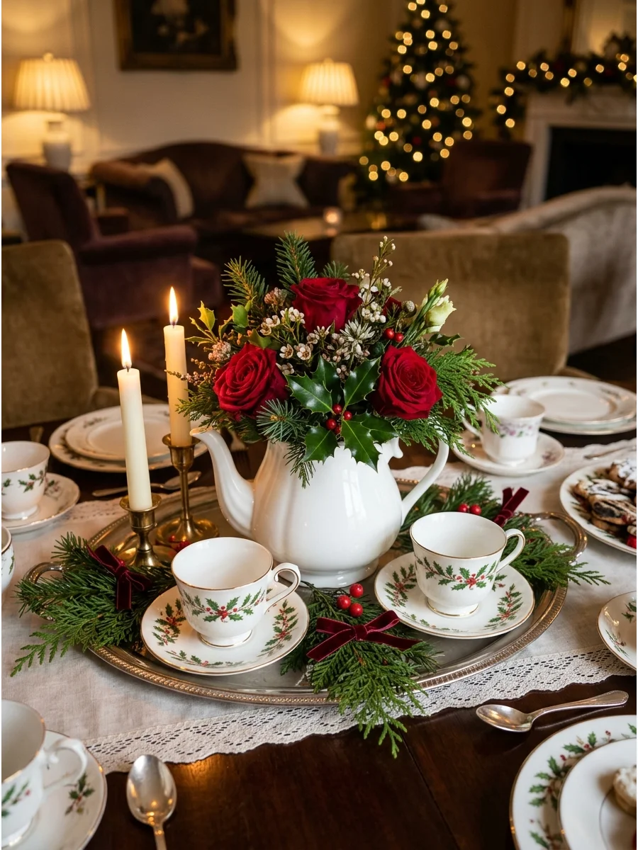 A white ceramic teapot used as a vase for red roses and holly leaves on a silver tray.