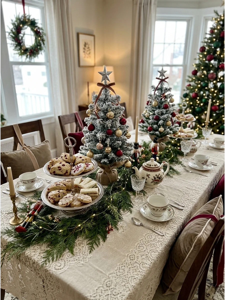 Small flocked Christmas trees placed as decor between food stands on a decorated table.
