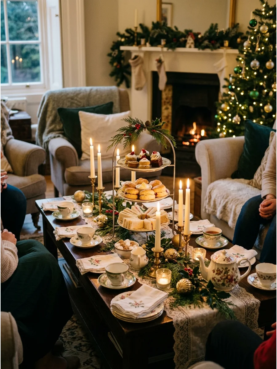 Lit taper candles in gold holders placed among teacups on a low table for a cozy atmosphere.