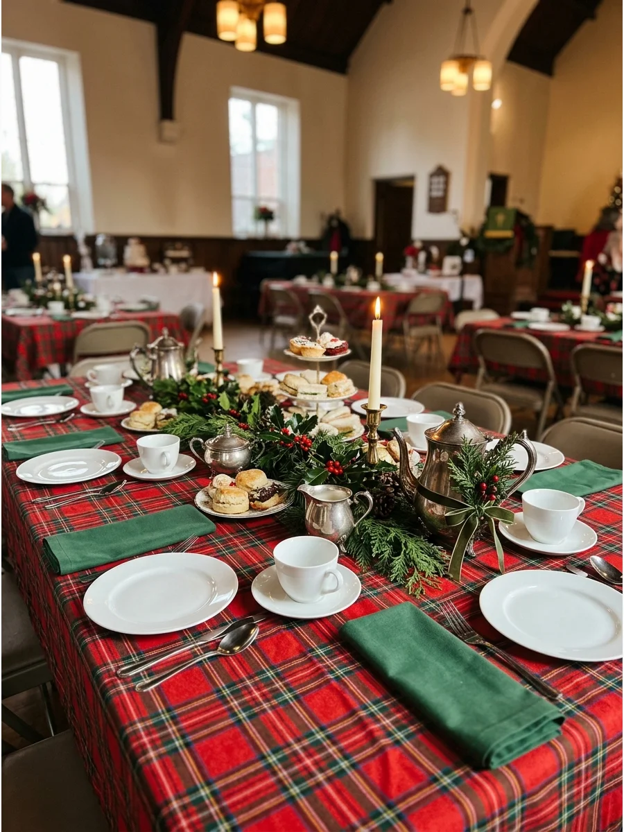 A dining table with a red and green plaid tablecloth and white ceramic tea sets.