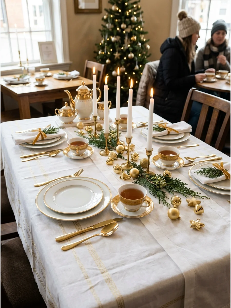 Elegant white and gold tea table setting with gold-rimmed china and white linens.
