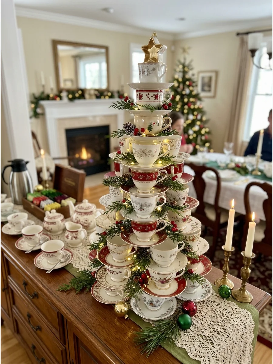 Vintage teacups stacked in a pyramid shape to look like a Christmas tree on a buffet table.