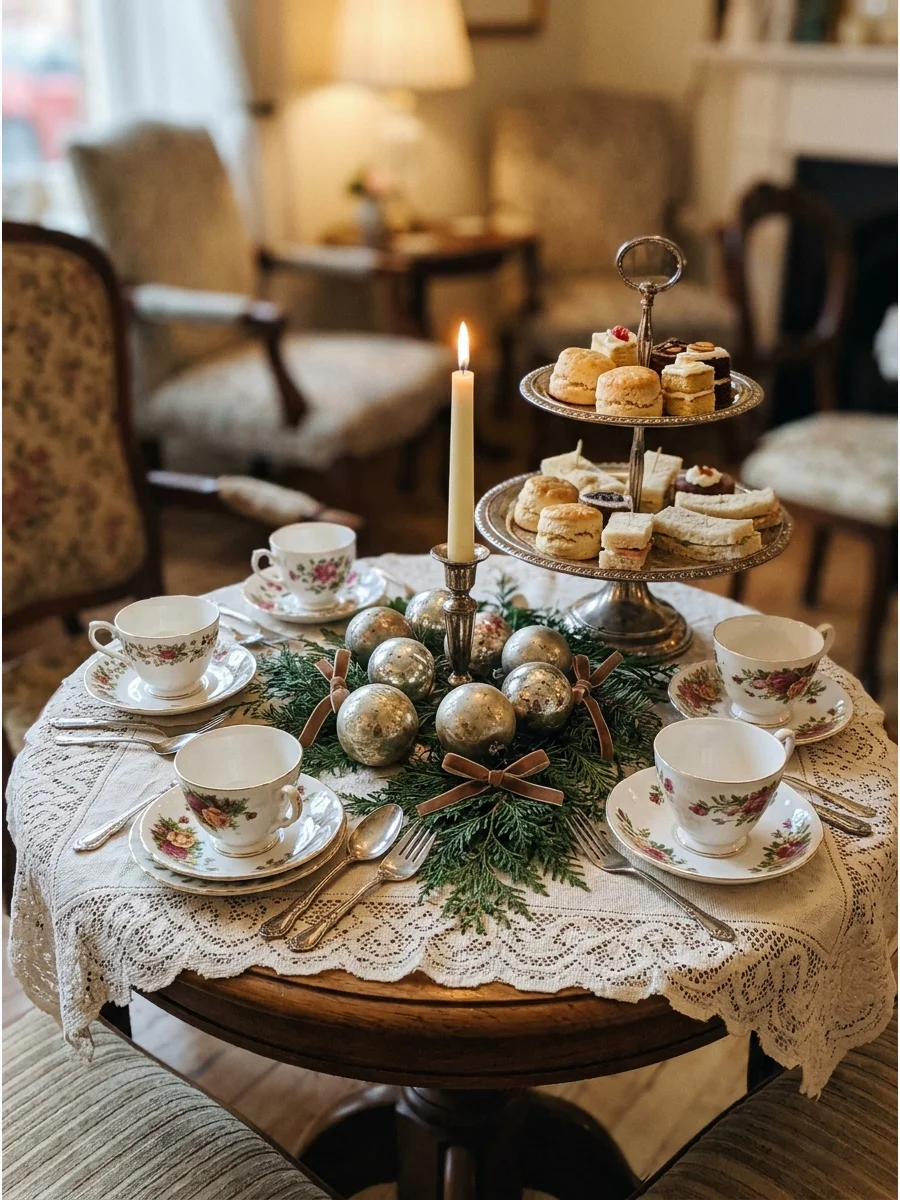 A of vintage teacups and lace linens in a cozy cafe setting.
